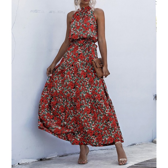 Red Green Floral Ruffle Hem Belted Halter Maxi Dress - Picture 6 of 8